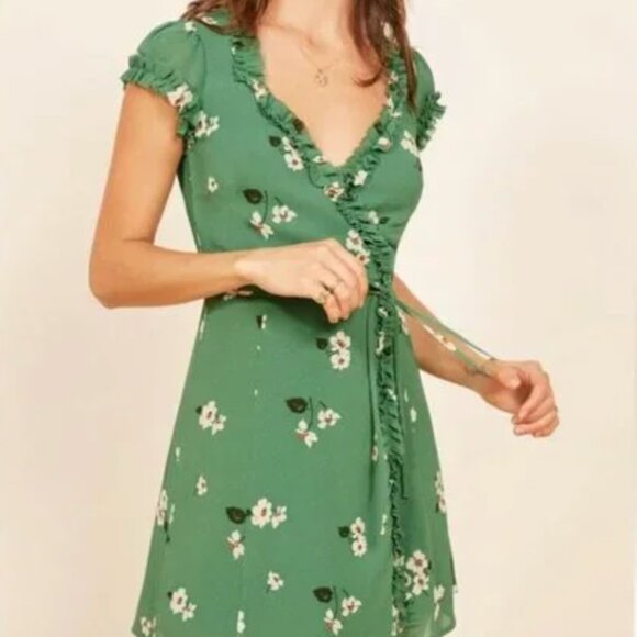 REFORMATION Lola Dress Floral Ruffle Mini V-Neck Wrap Short Sleeve Green M - Picture 2 of 8